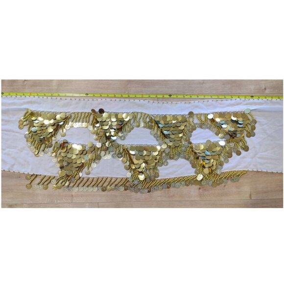 Stunning Gold Coin Belly Dance Hip Scarf Belt White Fringe Costume OS - Picture 2 of 3